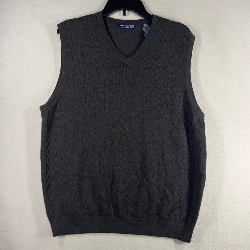 John Ashford Italian Merino Wool Cable Knit V Neck Sweater Vest Men L Dark Gray